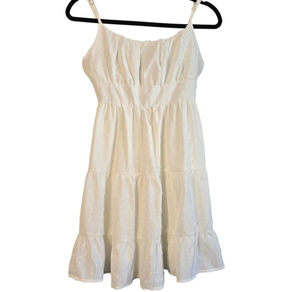 😀 SHEIN White Swiss Dot Tiered Mini‎ Dress Smocked Back Small 4 Summer Wedding